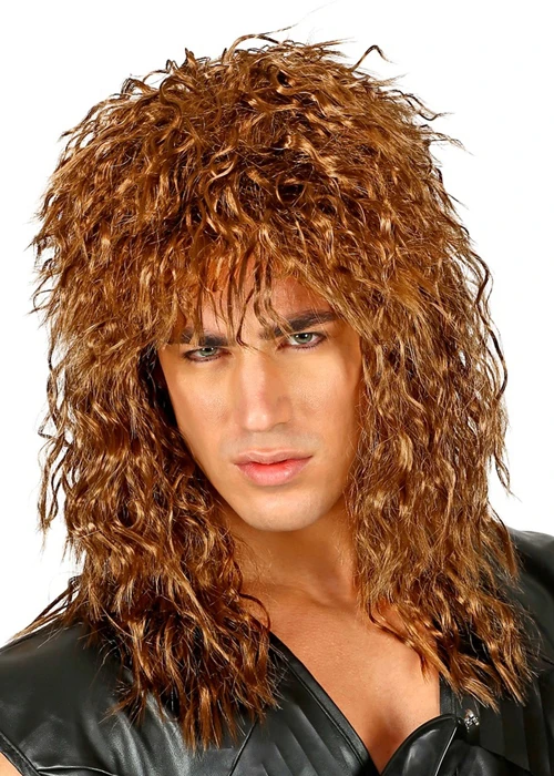 Mens 1980s Long Curly Brown Rock Star Wig 3 Mens 1980s Long Curly Brown Rock Star Wig