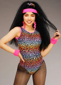 Womens 1980s Workout Neon Leopard Print Leotard