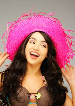 Adult Hawaiian Bright Pink Straw Hula Hat