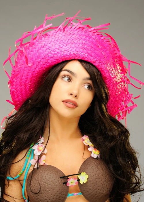 Adult Hawaiian Bright Pink Straw Hula Hat 4 Adult Hawaiian Bright Pink Straw Hula Hat - Image 2