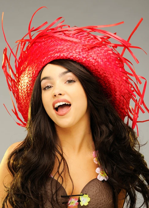 Adult Hawaiian Bright Red Straw Hula Hat 4 Adult Hawaiian Bright Red Straw Hula Hat - Image 2