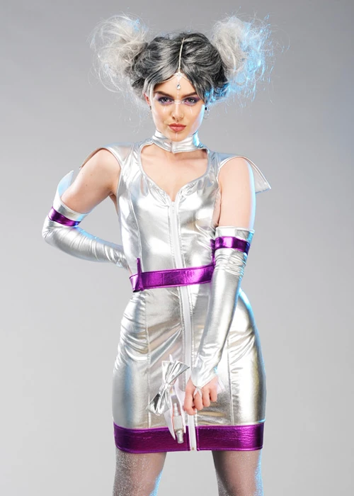 Womens Silver Alien Space Girl Costume 4 Womens Silver Alien Space Girl Costume - Image 2