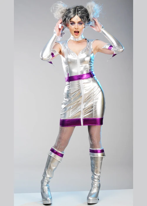 Womens Silver Alien Space Girl Costume 5 Womens Silver Alien Space Girl Costume - Image 3