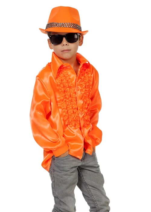 Kids 70s Neon Orange Frilly Disco Shirt 3 Kids 70s Neon Orange Frilly Disco Shirt