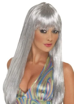 Womens 70s Disco Long Silver Glitter Wig