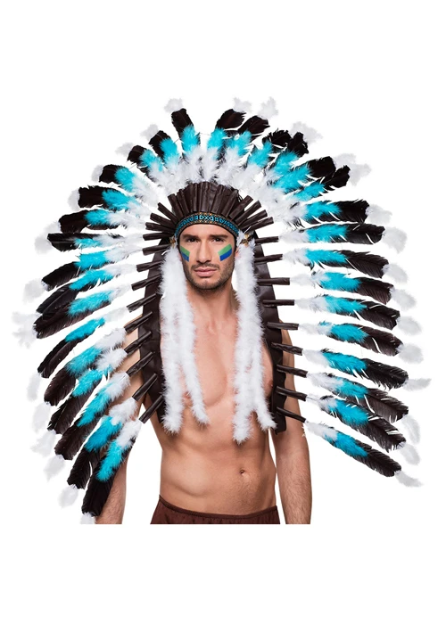 Adult Size Turquoise Blue Indian Chief Feather Headdress 3 Adult Size Turquoise Blue Indian Chief Feather Headdress
