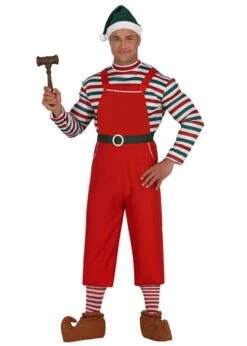 Mens Christmas Santa Worker Striped Elf Costume