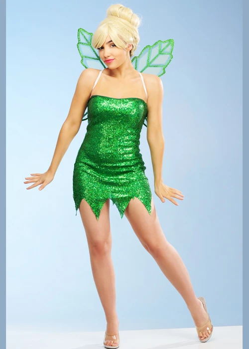 Womens Tinkerbell Style Green Sequin Fairy Costume 3 Womens Tinkerbell Style Green Sequin Fairy Costume