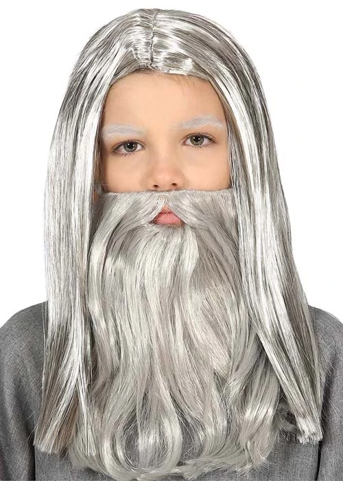 Childrens Size Long Grey Wizard Wig And Beard 3 Childrens Size Long Grey Wizard Wig And Beard