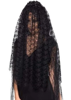 Halloween Gothic Bride Long Black Lace Veil With Flowers