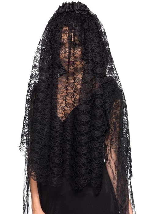 Halloween Gothic Bride Long Black Lace Veil With Flowers 3 Halloween Gothic Bride Long Black Lace Veil With Flowers