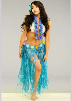 Womens Long Blue Hawaiian Grass Skirt With Flowers