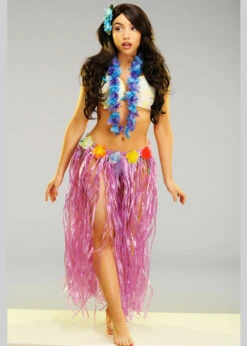 Womens Long Purple Hawaiian Grass Skirt With Flowers