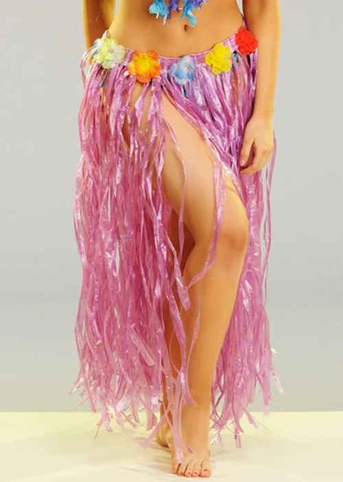 Womens Long Purple Hawaiian Grass Skirt With Flowers 4 Womens Long Purple Hawaiian Grass Skirt With Flowers - Image 2