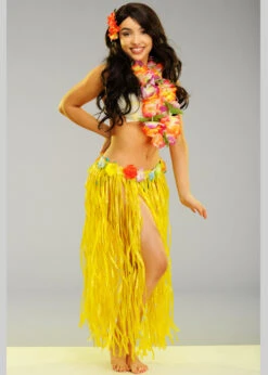 Long Yellow Hula Grass Skirt With Flowers