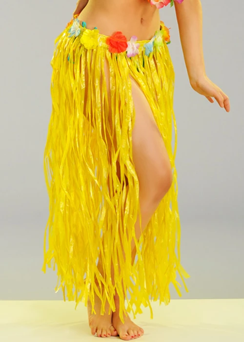 Long Yellow Hula Grass Skirt With Flowers 4 Long Yellow Hula Grass Skirt With Flowers - Image 2