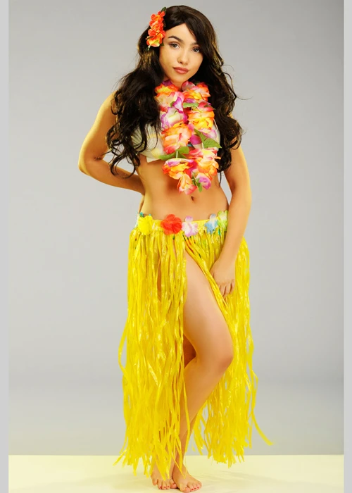 Long Yellow Hula Grass Skirt With Flowers 5 Long Yellow Hula Grass Skirt With Flowers - Image 3