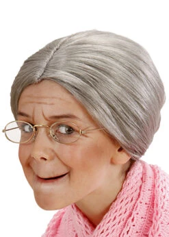 Childrens Size Grey Granny Bun Wig