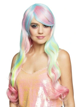 Womens Pastel Rainbow Long Wavy Dream Wig