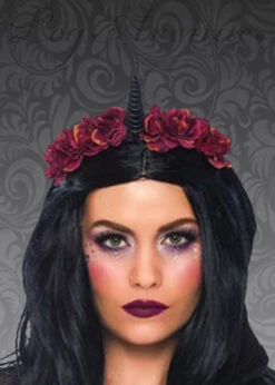 Gothic Black Dark Unicorn Horn With Flowers On Headband