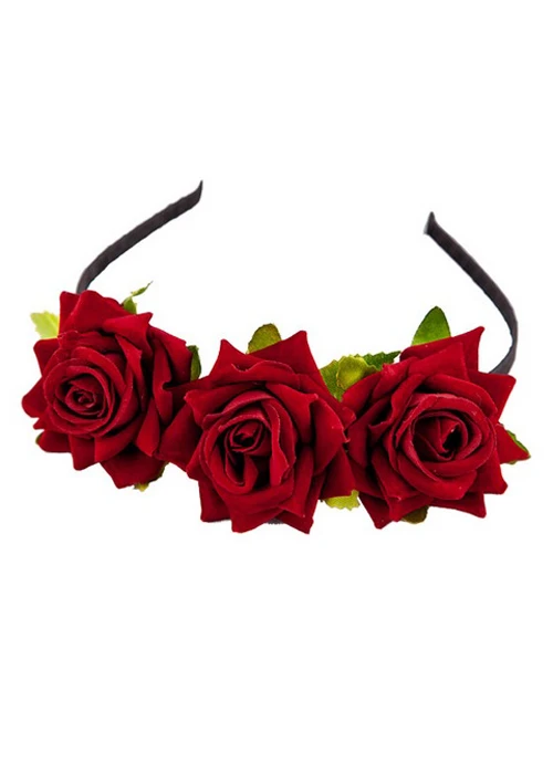 Day Of The Dead Sugar Skull Dark Red Rose Flower Headband 4 Day Of The Dead Sugar Skull Dark Red Rose Flower Headband - Image 2