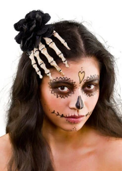 Halloween Gothic Black Rose Hair Clip With Skeleton Hand
