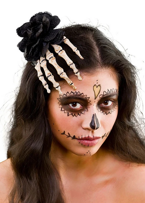 Halloween Gothic Black Rose Hair Clip With Skeleton Hand 3 Halloween Gothic Black Rose Hair Clip With Skeleton Hand