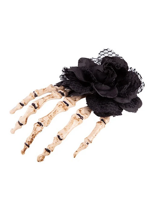 Halloween Gothic Black Rose Hair Clip With Skeleton Hand 5 Halloween Gothic Black Rose Hair Clip With Skeleton Hand - Image 3