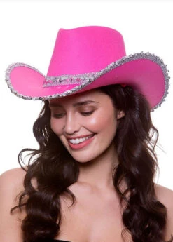 Womens Bright Pink Sequin Cowboy Hat