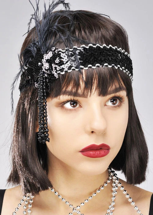 Womens 20s Deluxe Black Sequin Headband 4 Womens 20s Deluxe Black Sequin Headband - Image 2