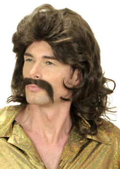 Mens 1970s Dark Brown Mullet Wig And Moustache