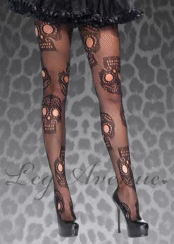 Womens Plus Size Black Sugar Skull Net Tights