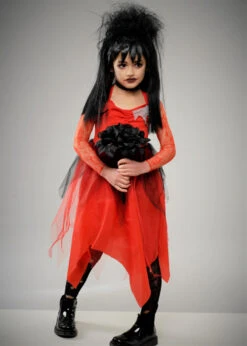 Kids Beetlejuice Style Lydia Red Bride Costume 8 Kids Beetlejuice Style Lydia Red Bride Costume -Halloween Fans Shop childrens red beetlejuice bride costume 02