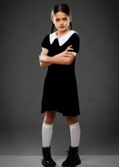 Childrens Wednesday Addams Style Halloween Costume -Halloween Fans Shop childrens velvet wednesday costume 3576M 03