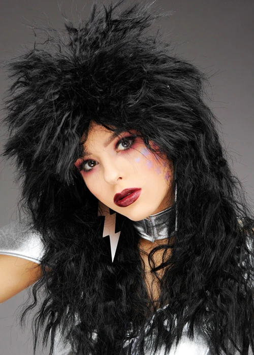 1970s Glam Rock Kiss Style Black Rockstar Wig 4 1970s Glam Rock Kiss Style Black Rockstar Wig - Image 2