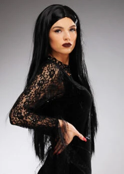 Womens Halloween Deluxe Long Black Morticia Style Wig 9 Womens Halloween Deluxe Long Black Morticia Style Wig -Halloween Fans Shop deluxe black morticia wig 02