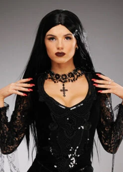 Womens Halloween Deluxe Long Black Morticia Style Wig 10 Womens Halloween Deluxe Long Black Morticia Style Wig -Halloween Fans Shop deluxe black morticia wig 03