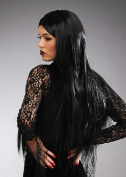 Womens Halloween Deluxe Long Black Morticia Style Wig 11 Womens Halloween Deluxe Long Black Morticia Style Wig -Halloween Fans Shop deluxe black morticia wig 04