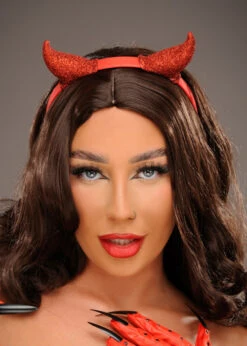 Womens Deluxe Red Glitter Devil Horns On Headband
