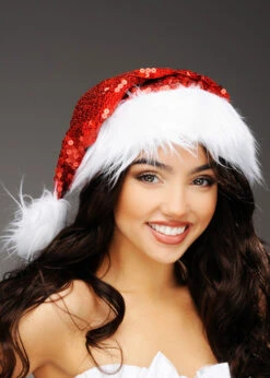 Womens Christmas Deluxe Red Sequin Santa Hat