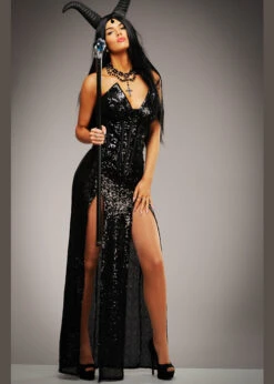 Womens Deluxe Black Sequin Maleficent Style Costume 8 Womens Deluxe Black Sequin Maleficent Style Costume -Halloween Fans Shop deluxe sequin maleficent dress only 02