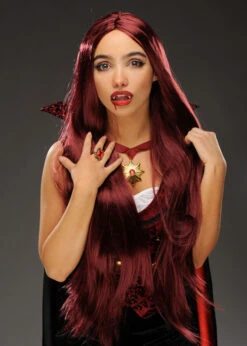 Halloween Gothic Vampire Extra Long Burgundy Wig 6 Halloween Gothic Vampire Extra Long Burgundy Wig -Halloween Fans Shop extra long burgundy vampire wig L0962 01