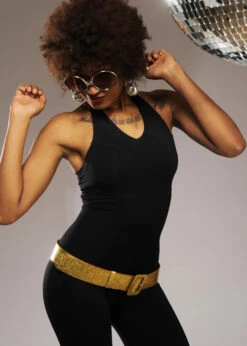 Womens 1970s Disco Gold Glitter Belt