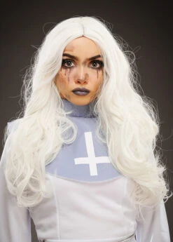 Womens Halloween Deluxe Long White Gothic Nun Wig