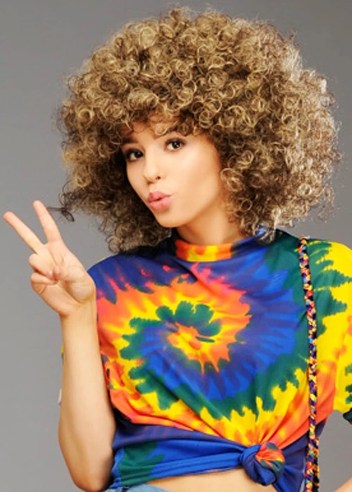 Womens Brown 1970s Hippy Girl Curly Afro Wig Wig 4 Womens Brown 1970s Hippy Girl Curly Afro Wig Wig - Image 2