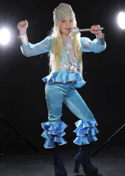 Kids 70s Blue Abba Girl Costume 8 Kids 70s Blue Abba Girl Costume -Halloween Fans Shop kids blue 70s abba costume 02