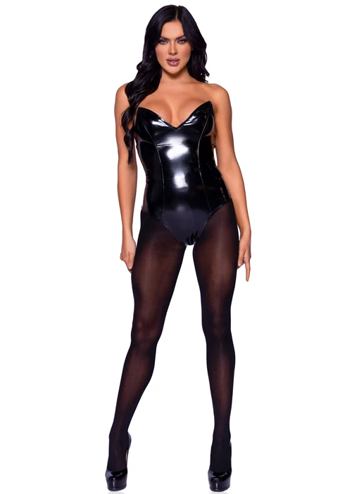 Womens Leg Avenue Black Vinyl Boned Bodysuit Costume 6 Womens Leg Avenue Black Vinyl Boned Bodysuit Costume - Image 4