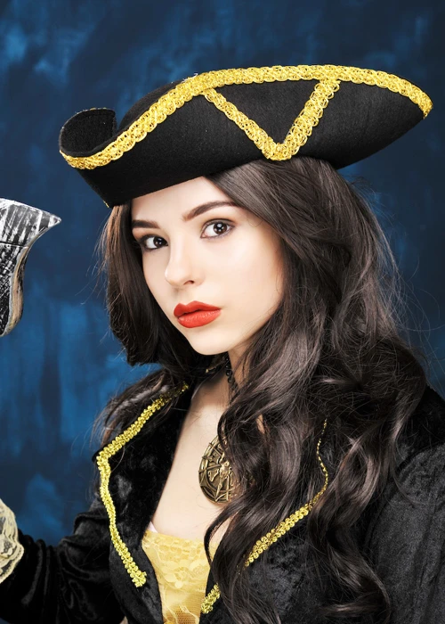 Black Pirate Tricorn Hat With Gold Trim 3 Black Pirate Tricorn Hat With Gold Trim