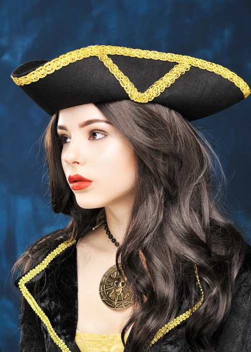 Black Pirate Tricorn Hat With Gold Trim 4 Black Pirate Tricorn Hat With Gold Trim - Image 2