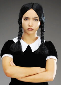 Wednesday Addams Style Gothic Black Plaited Wig 7 Wednesday Addams Style Gothic Black Plaited Wig -Halloween Fans Shop plaited wednesday addams wig 02